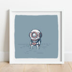 Petite sérigraphie avec un scaphandrier. Sérigraphie 3 couleurs sur papier 200g Série signée et numérotée - 20 exemplaires 20 x 20 cm - cadre