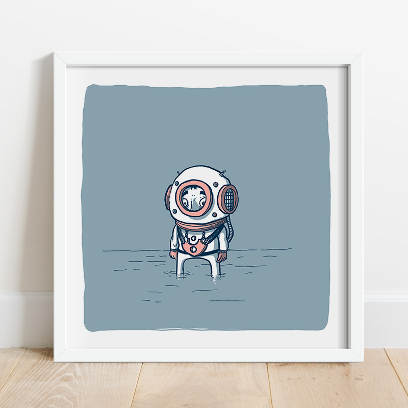 Petite sérigraphie avec un scaphandrier. Sérigraphie 3 couleurs sur papier 200g Série signée et numérotée - 20 exemplaires 20 x 20 cm - cadre